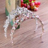 New White Pink Beads Bridal Wedding Crowns Handmade Tiara Crystal Rhinestone