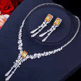 Luxury Yellow AAA Cubic Zirconia Crystals Long Tassel Bridal Earrings Necklace - Bridal Dress Jewelry Sets
