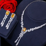 Luxury Yellow AAA Cubic Zirconia Crystals Long Tassel Bridal Earrings Necklace - Bridal Dress Jewelry Sets