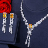 Luxury Yellow AAA Cubic Zirconia Crystals Long Tassel Bridal Earrings Necklace - Bridal Dress Jewelry Sets
