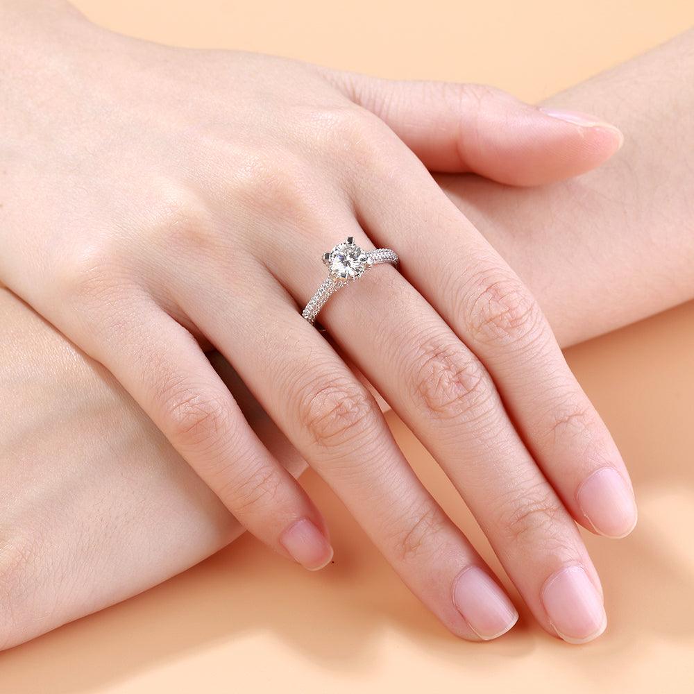 Solid 14K White Gold Round Pave Moissanite Engagement Ring for Women Luxury Jewelry Cathedral Hidden Halo Wedding Ring - BridalSparkles