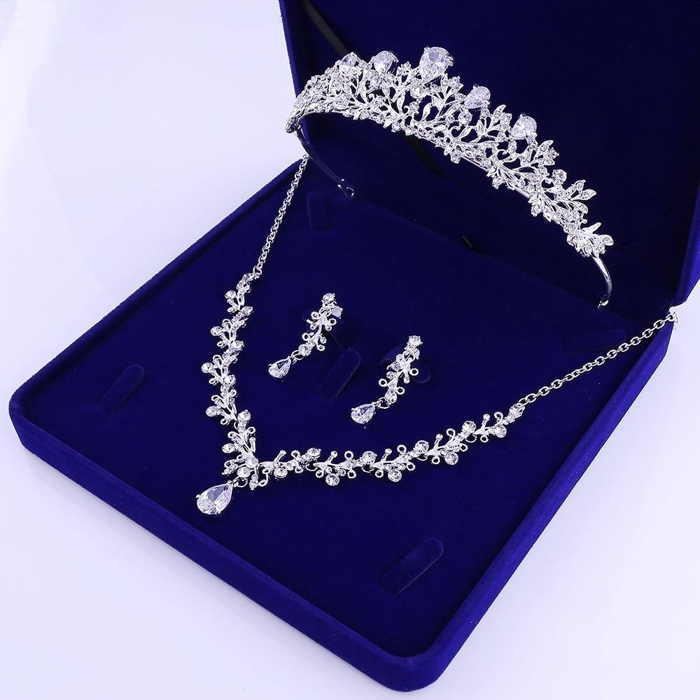 Luxury Noble Rhinestone Crystal Leaf Bridal Jewelry Sets with Crown and Tiara - BridalSparkles