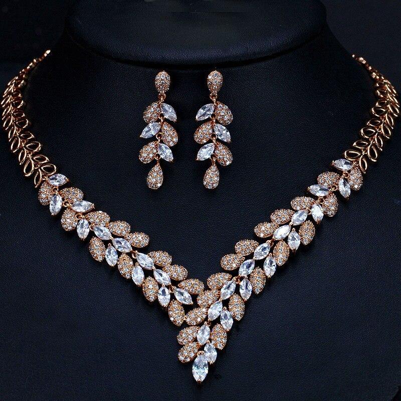 Gorgeous  Necklace EarriAAA+ Quality Cubic Zirconia Diamondsngs Gold Bridal Jewelry Set - BridalSparkles
