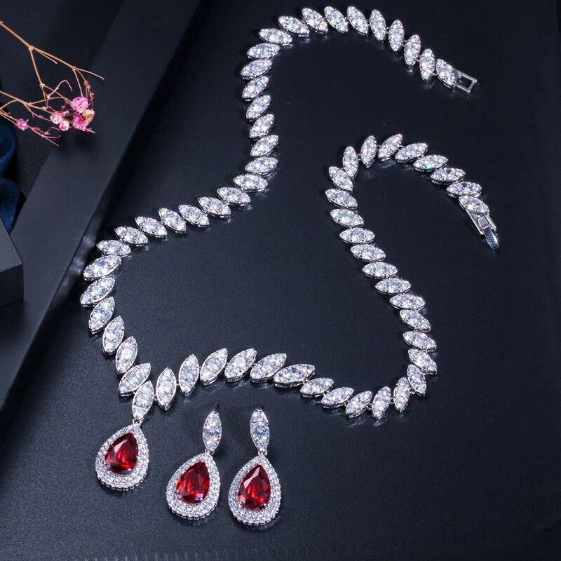 High Quality CZ Diamonds Ruby Necklace Earrings Set Bridal 