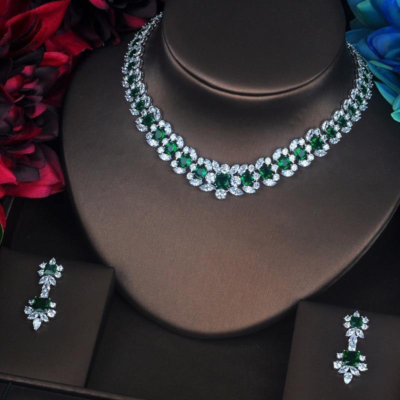 Beautiful Green Flower Shape Designer AAAA+ Cubic Zirconia Wedding Jewelry Set with Necklace and Earrings - BridalSparkles