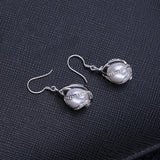 925 Sterling Silver Set Freshwater Pearl Jewelry Sets with Cage Earrings Necklace Set Hollow Vintage Adjustment Ring - BridalSparkles