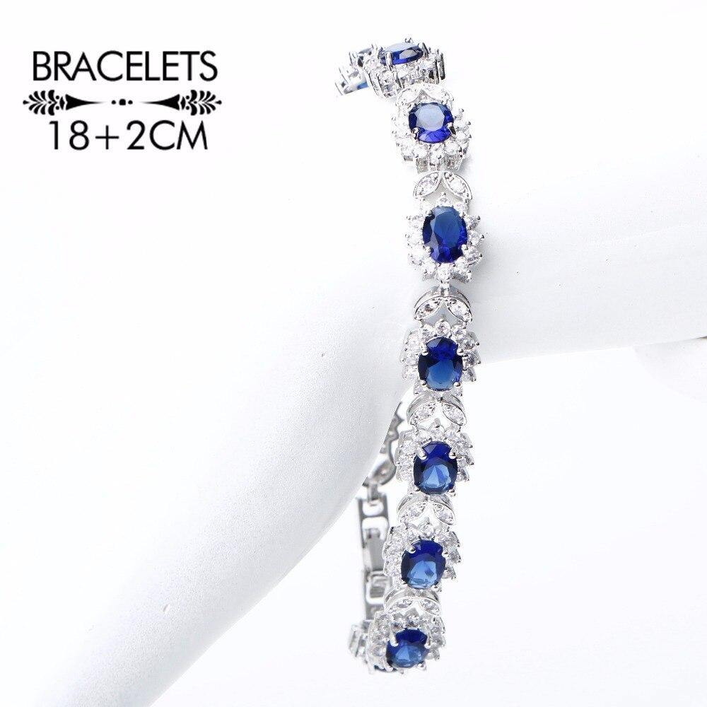 925 Sterling Silver Blue AAA+ CZ Stones Bridal Wedding Jewelry Set For Women Bracelet Earrings Ring Necklace - BridalSparkles