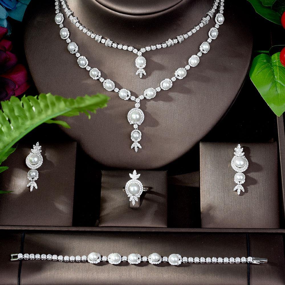 Adorable Designer AAAA+ Cubic Zirconia Diamonds Pearls 4 piece Wedding Bridal Jewelry Set - BridalSparkles