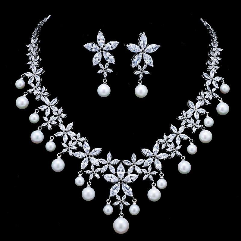 Captivating Pearl White AAA+ Quality CZ Earrings/Pendant Necklace Luxury Bridal Wedding Jewelry - BridalSparkles