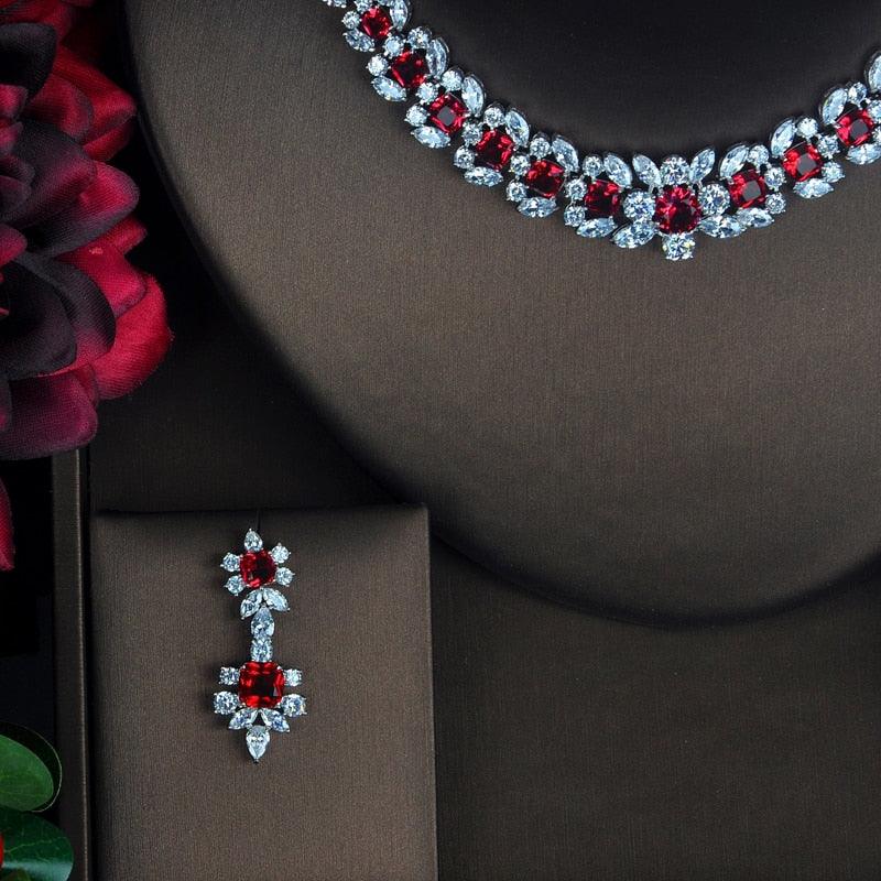Luxury Garland Shape Red AAA+ Cubic Zirconia Diamonds Bridal Necklace Earrings Se - BridalSparkles