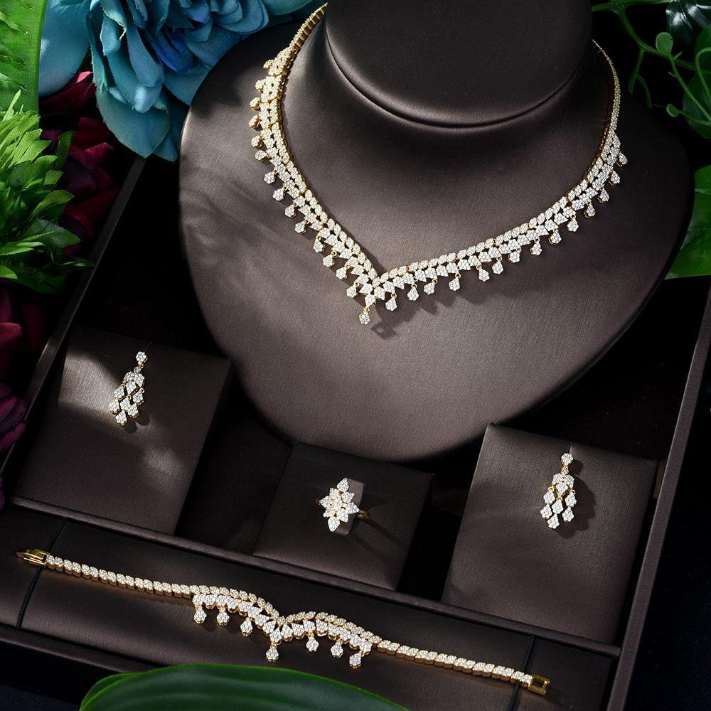 Glamorous Designer AAAA+ Quality CZ Diamonds 4 piece Necklace Earring Ring Bracelet Bridal Wedding Jewelry Set - BridalSparkles