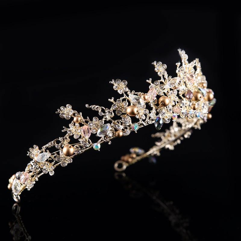 New White Pink Beads Bridal Wedding Crowns Handmade Tiara Crystal Rhinestone - BridalSparkles