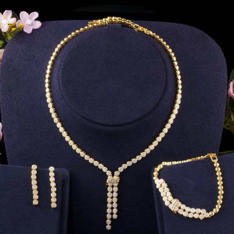 Desirable AAA+ Zircons CZ Tassel Drop Bridal Wedding Necklace Earrings Bracelet  Jewelry Set - BridalSparkles