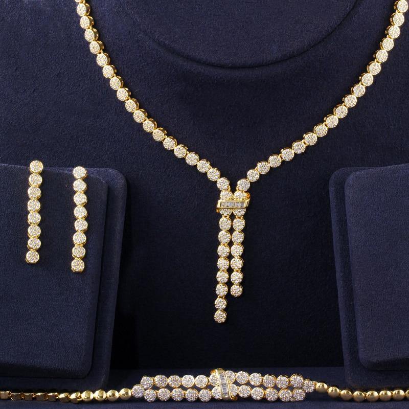 Desirable AAA+ Zircons CZ Tassel Drop Bridal Wedding Necklace Earrings Bracelet  Jewelry Set - BridalSparkles