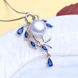 Lovely 925 Sterling Silver Necklace Natural Pearl Stud Earrings Sapphire Pendant Ring Jewelry Sets - BridalSparkles