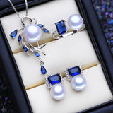 Lovely 925 Sterling Silver Necklace Natural Pearl Stud Earrings Sapphire Pendant Ring Jewelry Sets - BridalSparkles