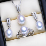 Elegant Wedding Jewelry Sets Natural Freshwater Pearl Silver Color Pendant Drop Earrings and Ring