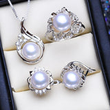 Attractive 925 Sterling Silver Natural Pearl Stud Earrings With Stones Pendant and Ring Bridal Jewelry Set