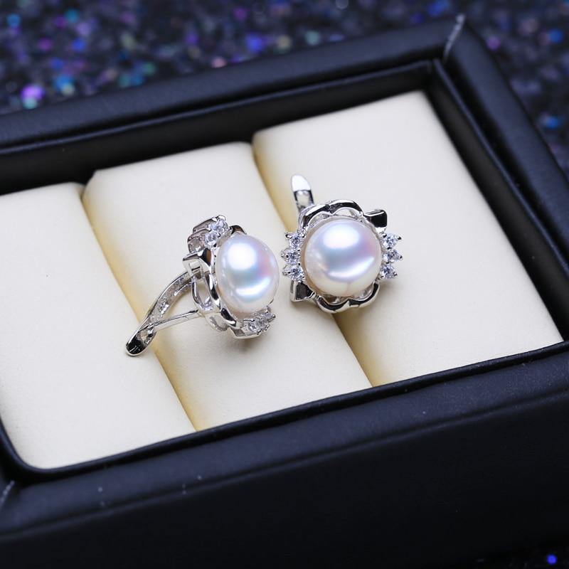 Attractive 925 Sterling Silver Natural Pearl Stud Earrings With Stones Pendant and Ring Bridal Jewelry Set - BridalSparkles