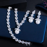 Adorable 3 Piece Sparkling AAA+ Zircon Quality Diamonds Dangle Drop Pearl Bridal Wedding Jewelry Set - BridalSparkles