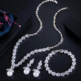 Adorable 3 Piece Sparkling AAA+ Zircon Quality Diamonds Dangle Drop Pearl Bridal Wedding Jewelry Set - BridalSparkles