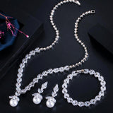 Adorable 3 Piece Sparkling AAA+ Zircon Quality Diamonds Dangle Drop Pearl Bridal Wedding Jewelry Set