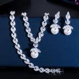 Adorable 3 Piece Sparkling AAA+ Zircon Quality Diamonds Dangle Drop Pearl Bridal Wedding Jewelry Set - BridalSparkles