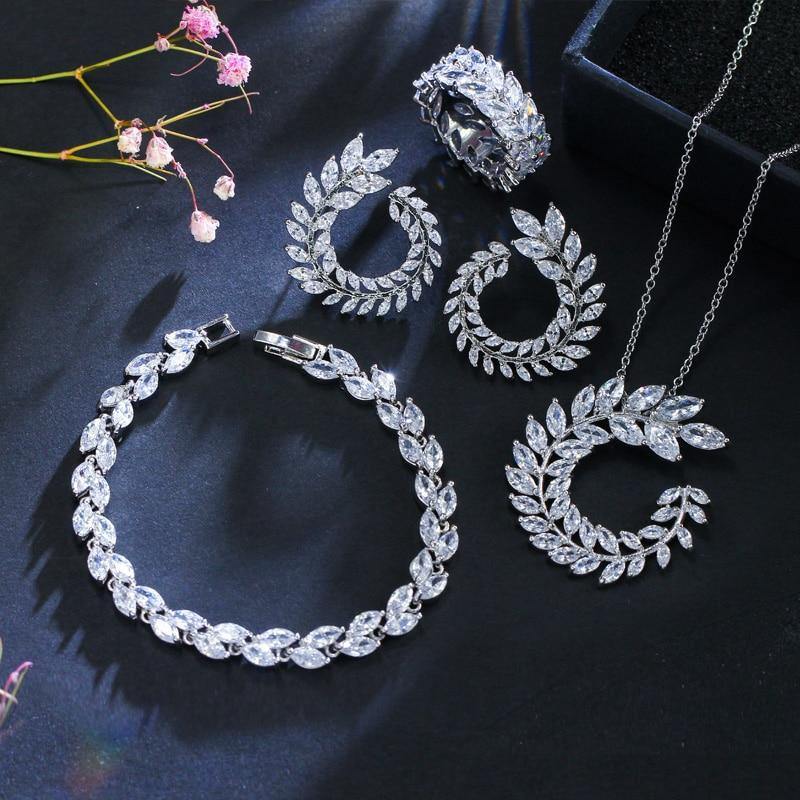 Beautiful Leaf Shape AAA+ High Quality Cubic Zirconia Diamonds 4 Piece Bridal Wedding Jewelry Set - BridalSparkles