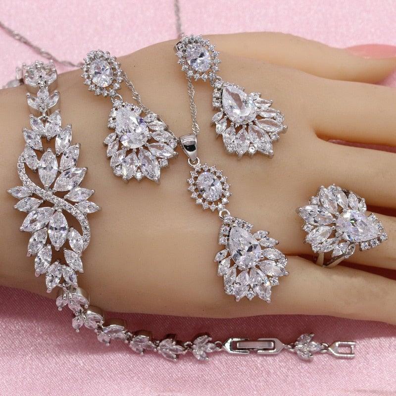 White AAA Cubic Zirconia Crystals Earrings Pendant Necklace Ring Bracelet Bridal Set - BridalSparkles