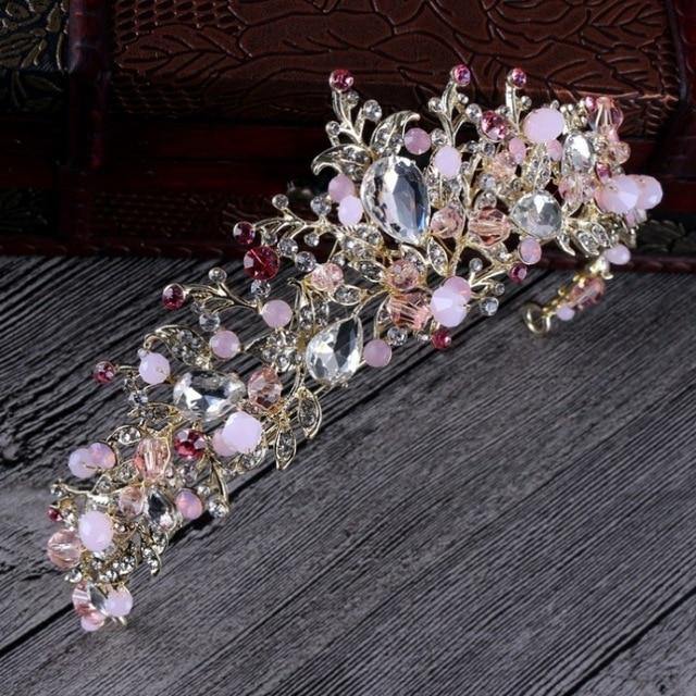 New White Pink Beads Bridal Wedding Crowns Handmade Tiara Crystal Rhinestone - BridalSparkles