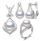 Designer Created 925 Sterling Silver Natural Pearl Bridal Jewelry Set Classic Stud Earrings Necklace and Ring