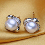 Designer Created 925 Sterling Silver Natural Pearl Bridal Jewelry Set Classic Stud Earrings Necklace and Ring - BridalSparkles