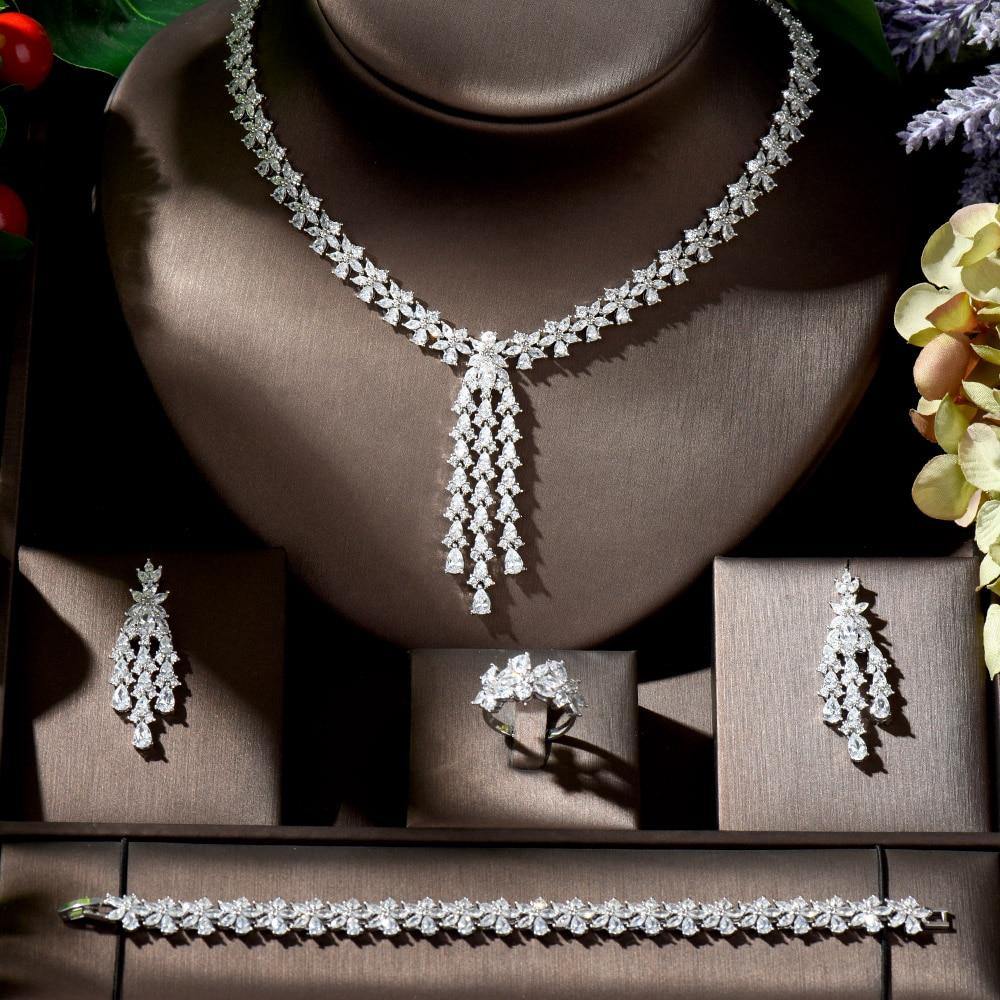 Beautiful Leaf Drop Designer AAAA+ Zirconia Diamonds 4 piece Wedding Bridal Jewelry Set - BridalSparkles