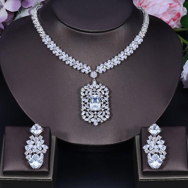 Elegant Princess AAAA+ Cubic Zirconia Crystal Square Dangle Earrings Necklace with various colors. - BridalSparkles