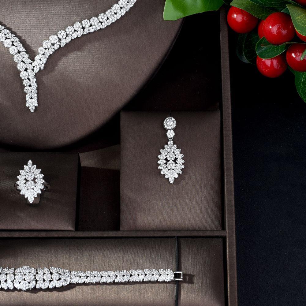 High Quality Designer AAAA+ Zirconia Diamonds  Flower Design 4 piece Bridal Wedding Set - BridalSparkles