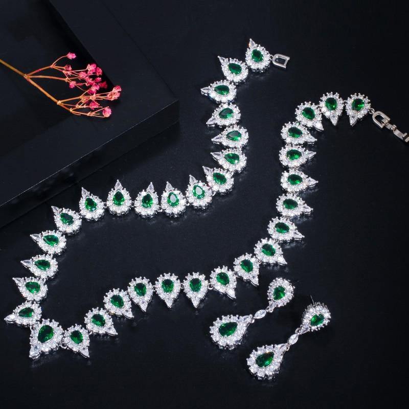 Shiny Green Crystal High Quality AAAA Cubic Zirconia 2 Piece Wedding Bridal Jewelry Set - BridalSparkles