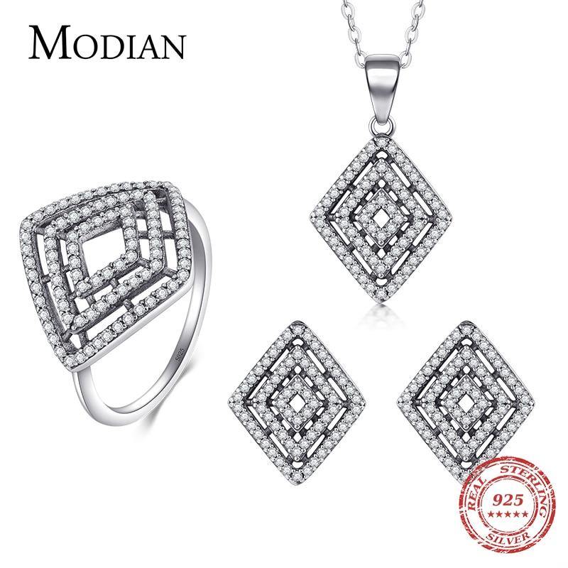 Luxury AAAA Quality CZ Sterling Silver 925 Wedding Vintage Jewelry Set   Rhombus Pandant Necklace & Stud Earring & Ring - BridalSparkles