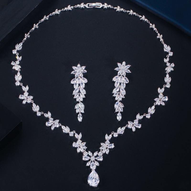 Sparkling Water Drop  AAA+ Cubic Zirconia Diamonds Flower Necklace Earring Luxury Bridal Jewelry Set - BridalSparkles