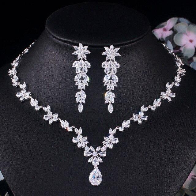 Sparkling Water Drop  AAA+ Cubic Zirconia Diamonds Flower Necklace Earring Luxury Bridal Jewelry Set - BridalSparkles