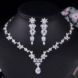 Sparkling Water Drop  AAA+ Cubic Zirconia Diamonds Flower Necklace Earring Luxury Bridal Jewelry Set