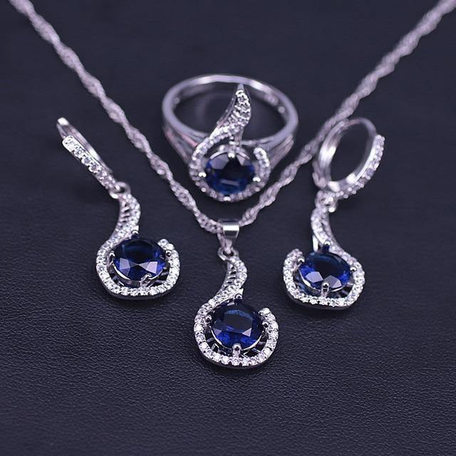 AAA Quality Blue CZ Stone Silver Color Earrings Ring Necklace Bracelet Bridal Jewelry Set - BridalSparkles