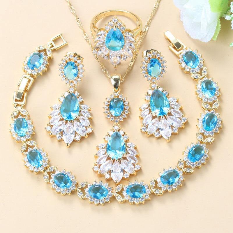 Unique Sky Blue AAA+ Quality Zircon White Crystal  3 or 4 piece Wedding Bridal Jewelry Set - BridalSparkles