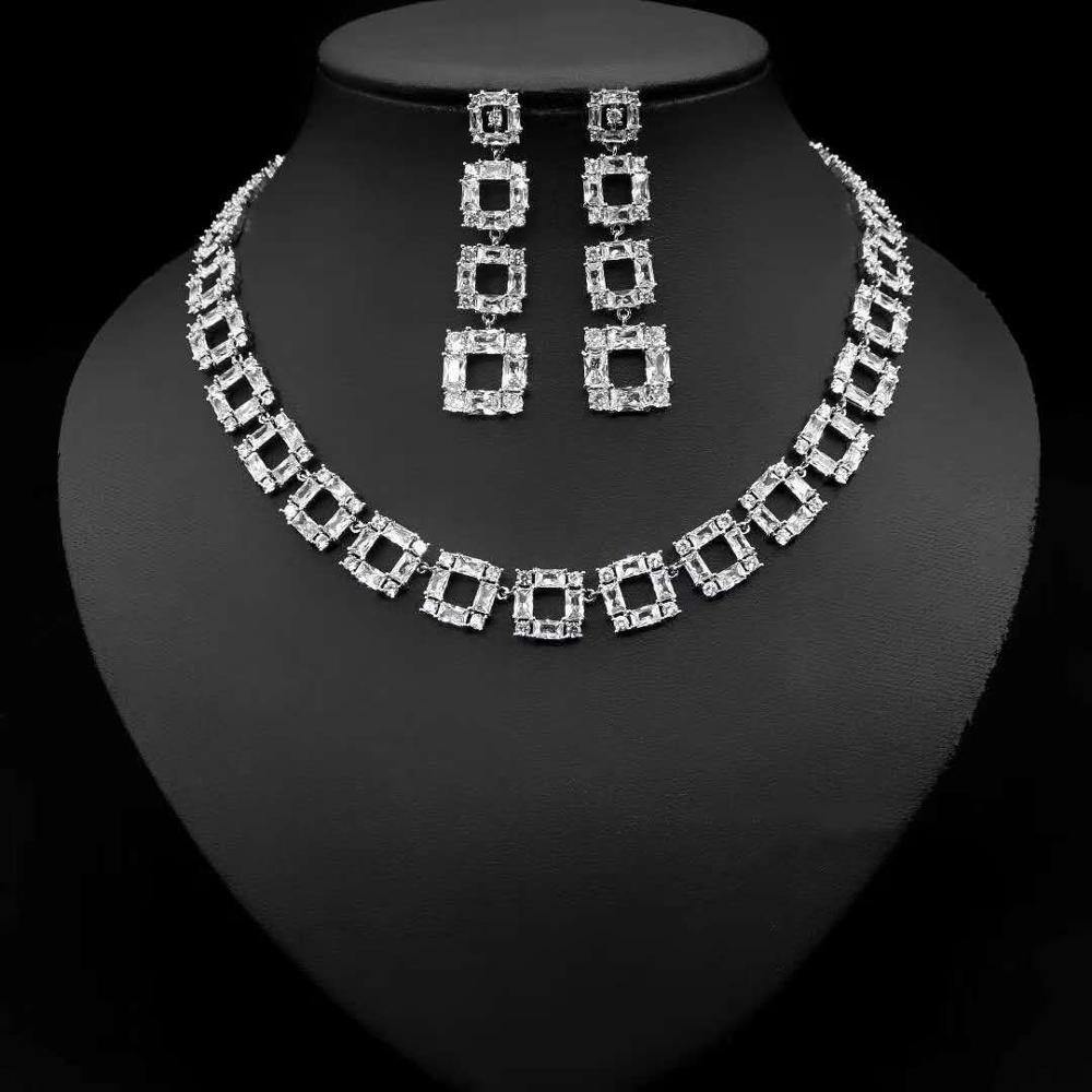 Gorgeous Long Square Drop Designer AAAA+ Cubic Zirconia Earrings and Necklace Wedding Bridal Jewelry Set - BridalSparkles