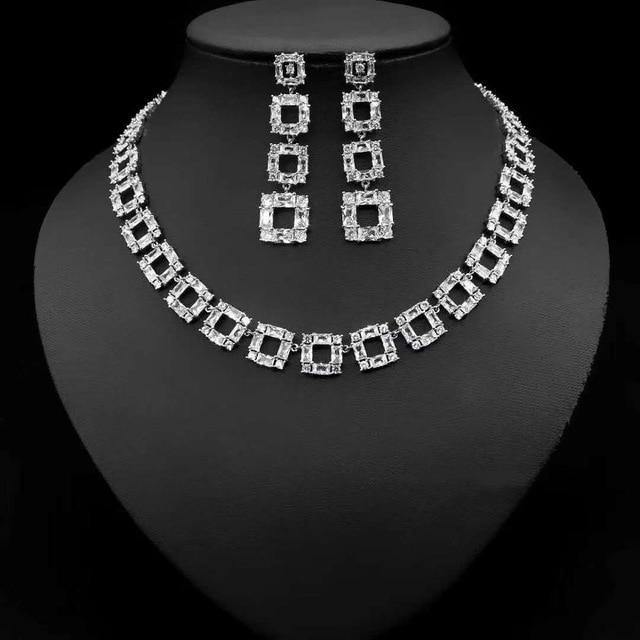 Gorgeous Long Square Drop Designer AAAA+ Cubic Zirconia Earrings and Necklace Wedding Bridal Jewelry Set - BridalSparkles