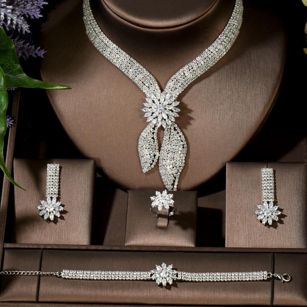 Luxury Big 4 Piece Designer Jewelry Set With AAAA+ Cubic Zirconia Diamonds Bridal Wedding Jewelry Set - BridalSparkles