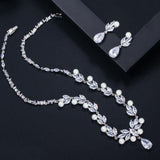 Elegant Dangle Drop High Quality AAA+ Cubic Zirconia Leaf Design Pearl Necklace Earrings Bridal Wedding Jewelry Set - BridalSparkles