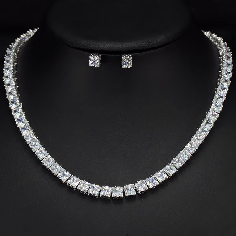 Sparkling Square High Quality AAA+ Cubic Zirconia Diamonds Silver Color Tennis Choker Necklace Set - BridalSparkles