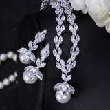 Elegant Marquise AAA+ Cubic Zircon Crystal With Pearl Pendant Necklace Earrings Wedding Jewelry Set - BridalSparkles
