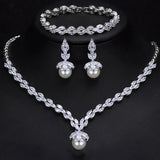 Luxurious Cluster Leaves AAAA+ Quality Cubic Zirconia Wedding Necklace with Earrings Bracelet Pearl Jewelry - BridalSparkles