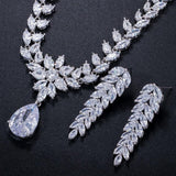 Exquisite AAAA+Cubic Zirconia Diamonds Long Leaf Wedding Jewelry Set Earrings and Necklace Set
